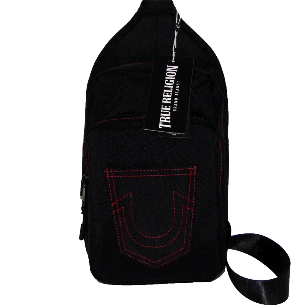 True Religion CORIE Sling Crossbody Bag Black Mesh Red Horseshoe Stitch Mens NWT